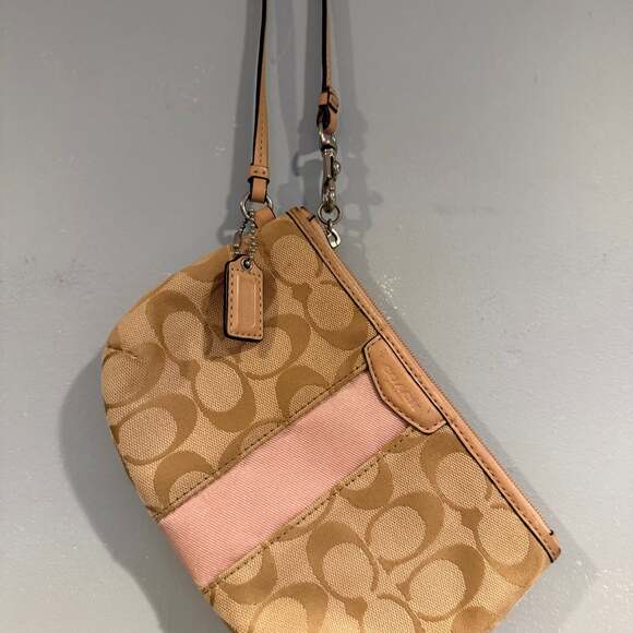 Coach Signature C Beige Wristlet with Pink Stripe - Picture 1 of 3